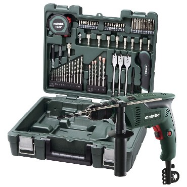 Wiertarka udarowa Metabo SBE 601 - walizka PVC + uchwyt Futuro Plus + 65 szt. osprztu