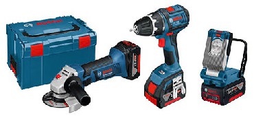 Wiertarko-wkrtarka + szlifierka ktowa + latarka Bosch GSR 18 V-LI + GWS 18-125 V-LI + GLI VariLED