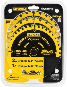 Pia tarczowa DeWalt 3 tarcze do drewna EXTREME 165x20mm 2x24T/1x40T