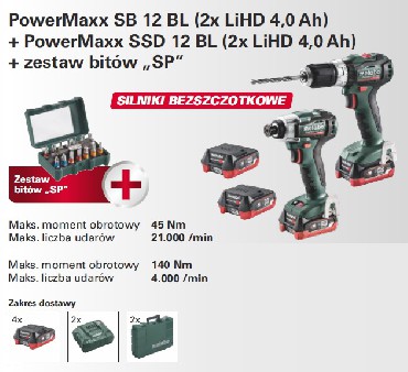 Zestaw 12V Metabo Zestaw BW PowerMaxx SB 12 BL + SSD 12 BL + bity SP 15 elementw