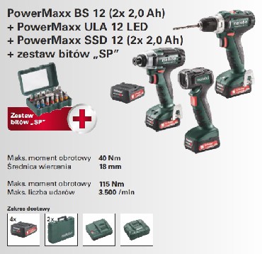 Zestaw 12V Metabo Zestaw PowerMaxx BS 12 + SSD 12 + ULA 12 LED + bity SP 15 elementw