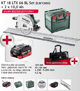 Akumulatorowa pilarka tarczowa rczna Metabo KT 18 LTX 66 BL Set - 2 akumulatory 18V/10Ah