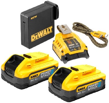Zestaw startowy DeWalt 2 akumulatory PowerStack 18V/5.0Ah + zasilacz i adapter z USB-A 2.4A i USB-C 5A