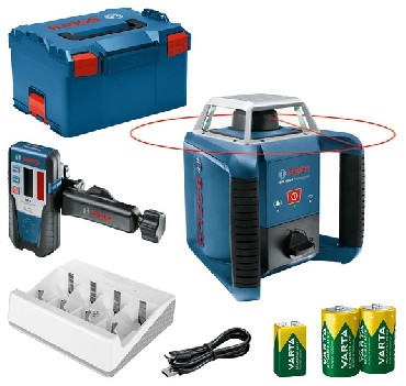 Laser obrotowy Bosch GRL 400 H + LR1 - 1 akumulator 9V + 2 akumulatory HR20 1.2V + L-BOXX